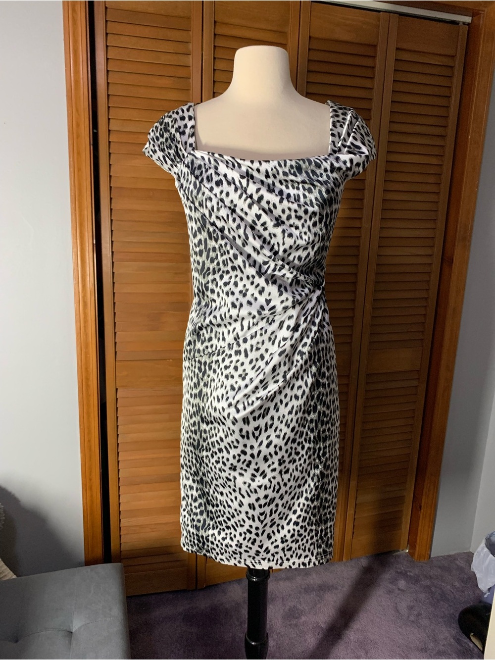 Tadashi Shoji Black and White Animal-Print Draped Midi Dress